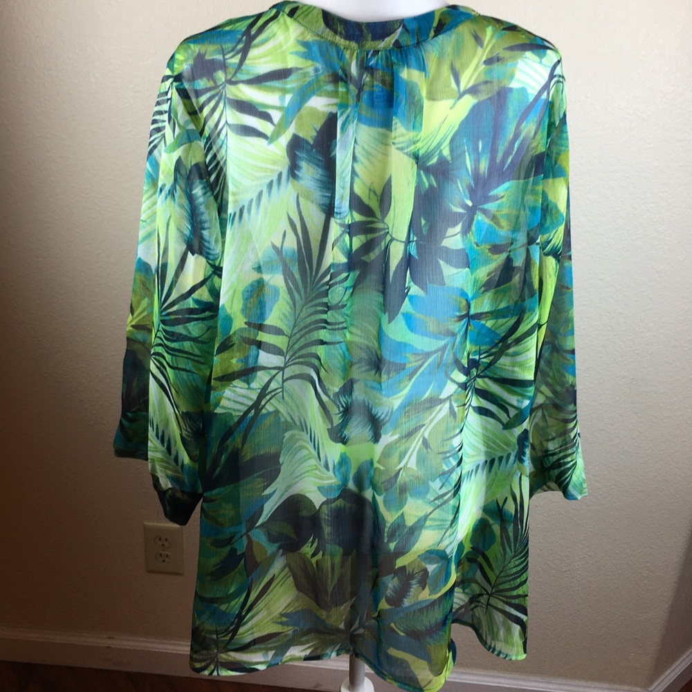 Maggie Barnes for CATHERINES Green Floral Transparent Button Front Blouse Sz 2X - Picture 7 of 13